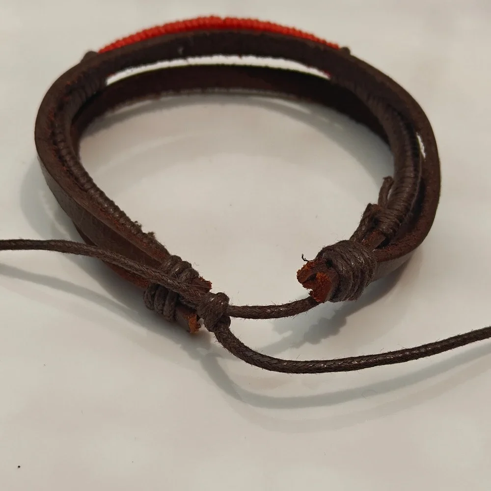 Mens Brown Faux‎ Leather Wrap Bracelet Red Orange Cord  Adjustable Sliding Knot